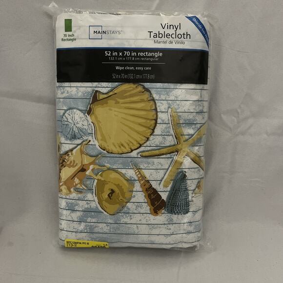 Mainstays Home Vinyl Tablecloth 52” X 70” Blue Yellow Beach Nautical Shells - Picture 1 of 3